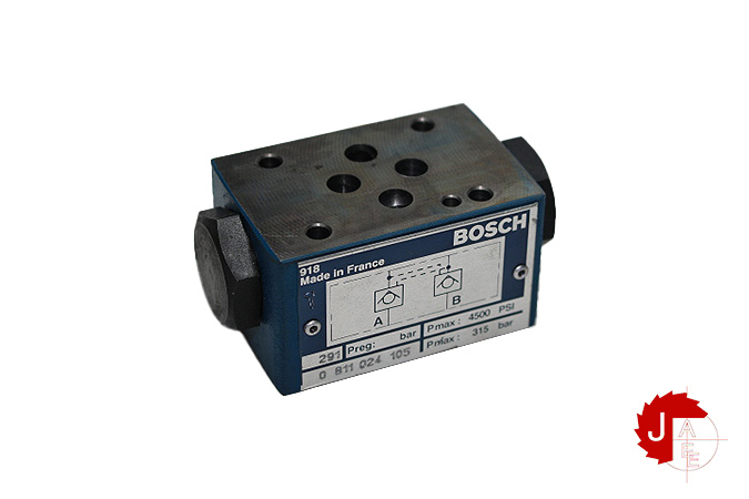 Manufacturer: BOSCH Type: Hydraulic Check Valve MNR: 0 811 024 105 Nominal Size: NG 6 Max. Working pressure: 315 bar Hydraulic Connection: Sub-Plate