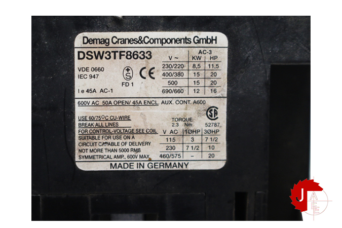 DEMAG DSW3TF8633 COIL REVERSING CONTACTOR 42V 50Hz